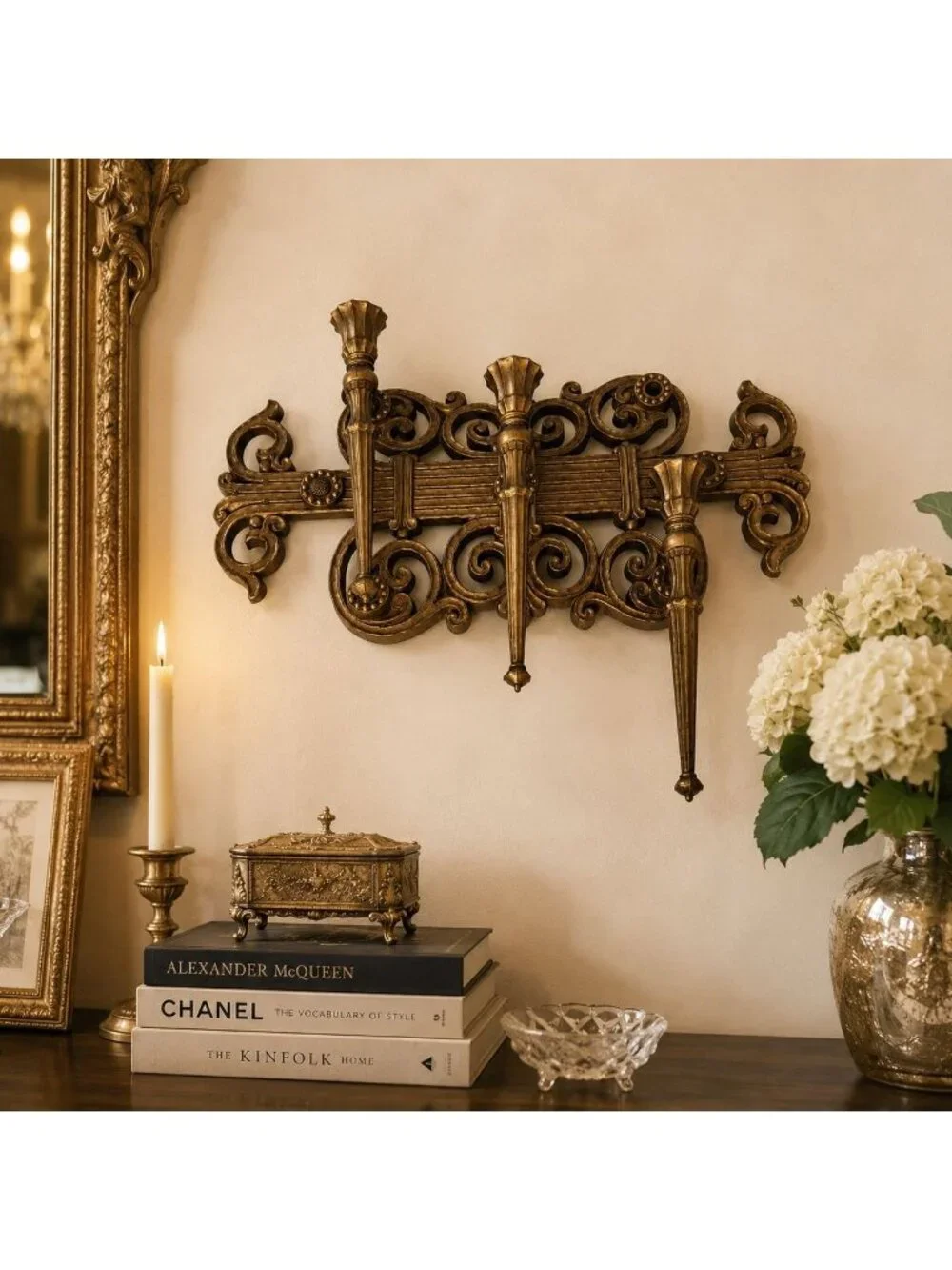 Vintage Homco Sconce Wall Decor 3 Arm Candelabra Regency Gold 70s Candle Holder